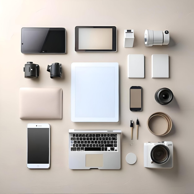 Photo a minimalist flat lay featuring modern tech gadgets and accessories on a beige background