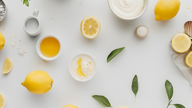 Minimalist Flat Lay of Fresh Lemon and Culinary Ingredients on Clean Background