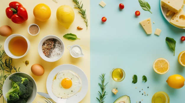 Minimalist flat lay with a clean background beautifully arranged food items and perfect lighting