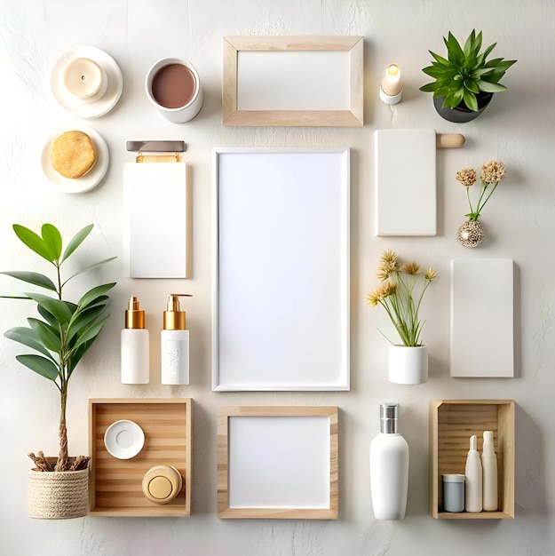 Photo a minimalist flat lay with a simple and elegant aesthetic featuring blank frames plants wooden boxes and other lifestyle elements