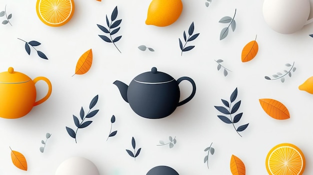 Photo minimalist flat lay with teapot lemons oranges and leaves on white background