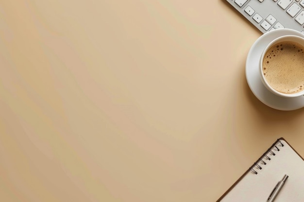 Photo minimalist flat lay of a work desk with a computer keyboard notebook and coffee cup on a beige background