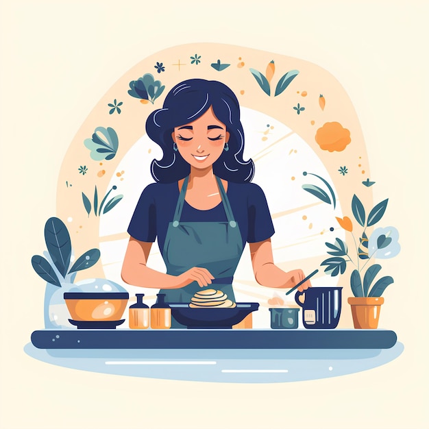 minimalist flat vector style of a woman cooking baking and eating food illustration