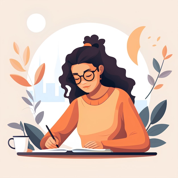 Photo minimalist flat vector style a woman writing notes typing and working on office laptop illustration