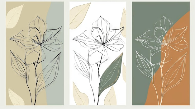 Minimalist floral line art on earthtoned backgrounds