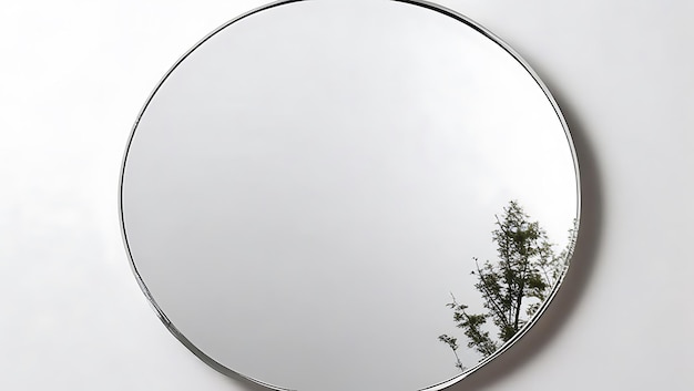 Photo minimalist frameless round mirror subtle etched design plain white background