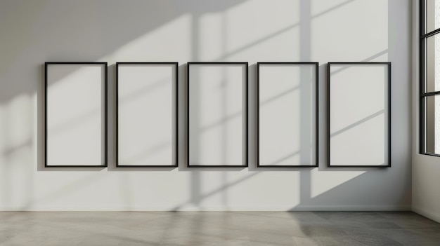 Photo minimalist gallery wall mockup with thin black frames showcasing modern art aesthetic