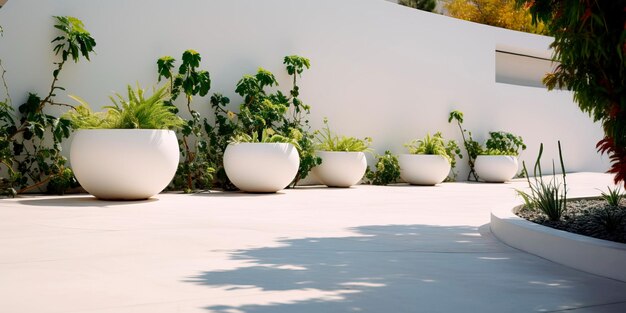 Photo minimalist garden with several plants located in white pots