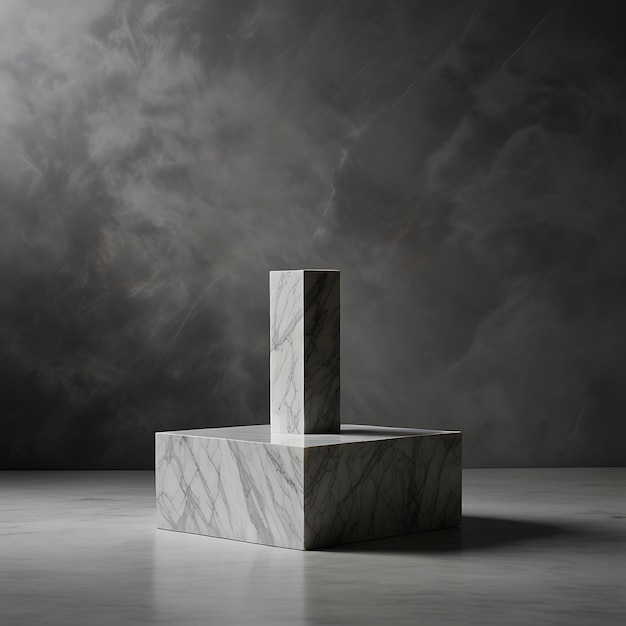 Minimalist Geometric Pedestal with Smooth Marble Texture Floating in a Misty Void Creating