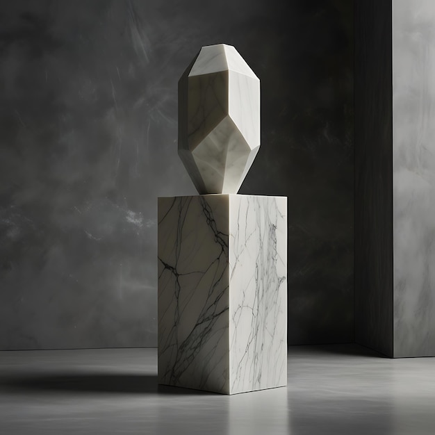 Minimalist Geometric Pedestal with Smooth Marble Texture Floating in a Misty Void Creating