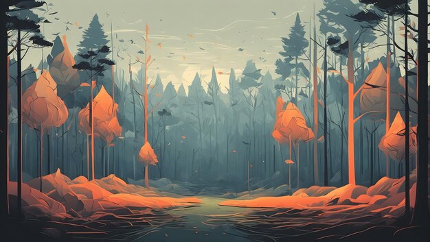 A minimalist geometric vector art illustration of a mysterious forest