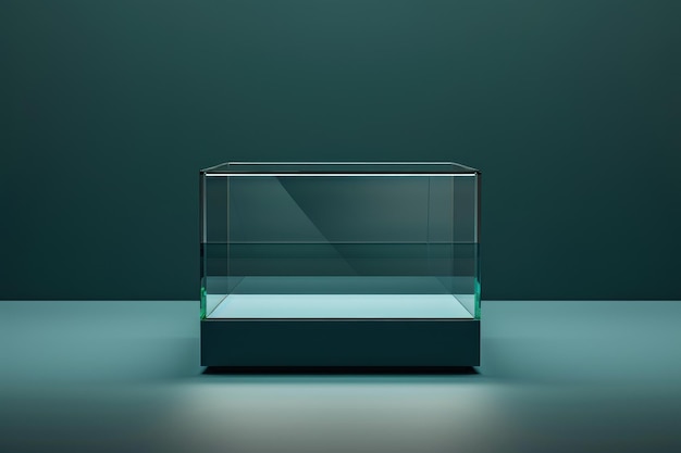 Photo minimalist glass display case on a smooth surface in a dimly lit room