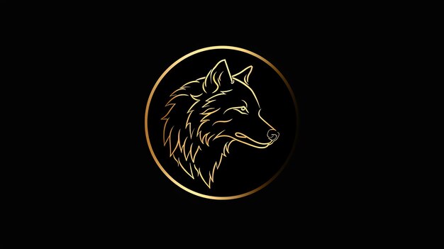 Photo a minimalist golden wolf head logo outlined in gold with a black background