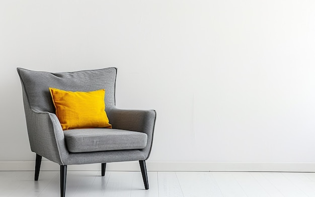 Photo minimalist gray armchair with yellow pillow against white wall