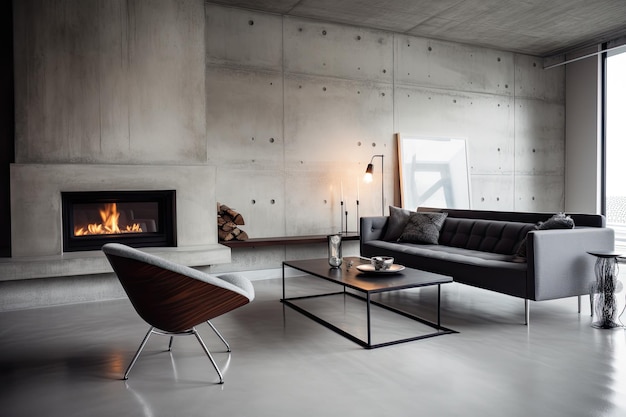 Minimalist gray color living room with fireplace coach and concrete walls