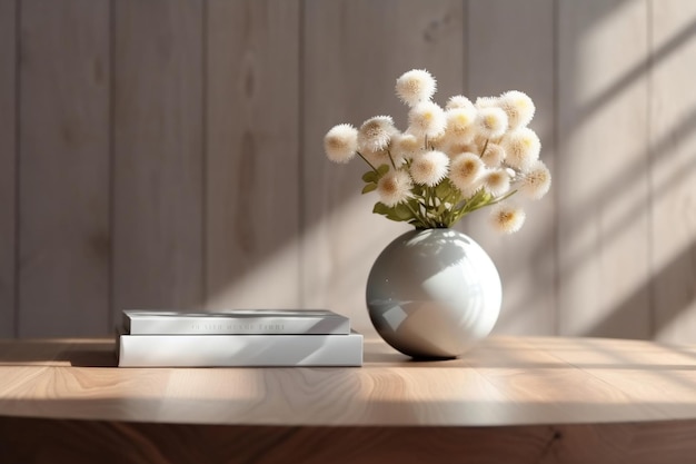 Minimalist Gray Vase with White Bouquet on Wood Grain Table Ai Generated