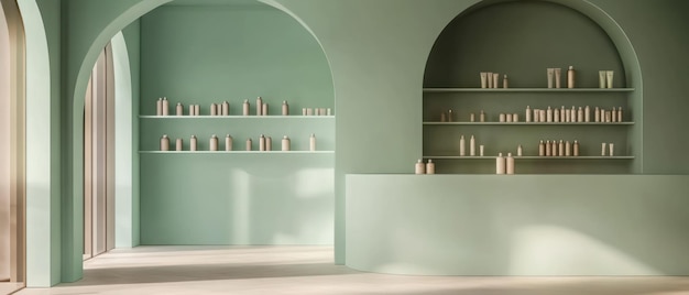 Photo minimalist green room with arched windows and product display shelves