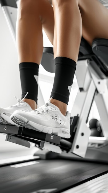 Minimalist gym equipment photoreportage legs pushing on leg press machine in bright design