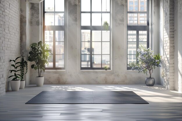 Minimalist Gym Interior with Yoga Mat and Big Windows