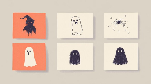 Photo minimalist halloween art featuring ghosts a spider and a witchs hat in simple ink drawings