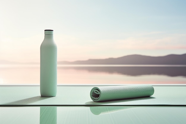 An Minimalist Health Yoga Mat with Water Bottle and Towel