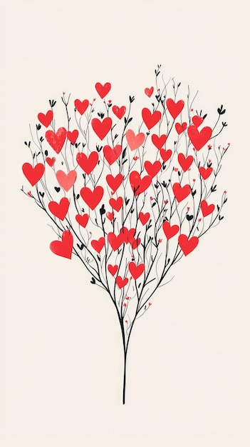 Photo a minimalist heart tree a delicate silhouette of branches adorned with vibrant red hearts symbolizing love and growth set against a simple white background