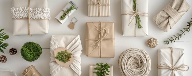 Photo minimalist highresolution photograph of ecofriendly wrapped gifts with natural decorations