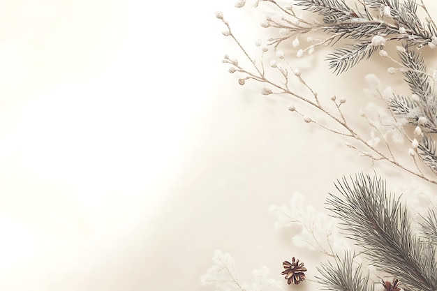 Photo minimalist holiday background with subtle snowflakes and pine branches