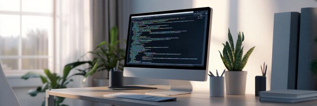 Photo a minimalist home office desk featuring a computer monitor with code displayed and plants in the background a peaceful workfromhome setup ideal for content about modern programming and it work