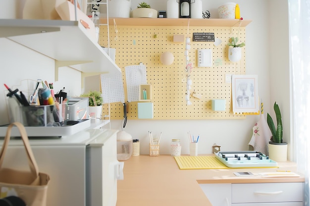 Photo minimalist home office desk with pegboard wall decor