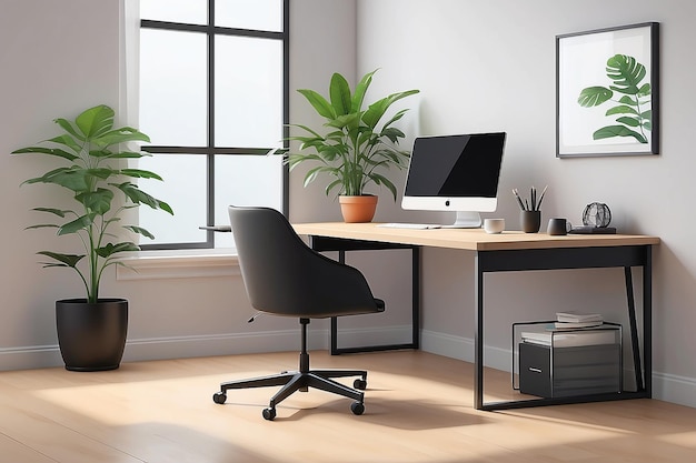 A minimalist home office desk with a sleek computer monitor and a single potted plant Vector illustration in flat style