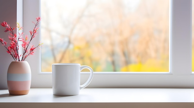 Minimalist home office desk with a white mug colorful pencils in a cup and a potted plant by a bright window