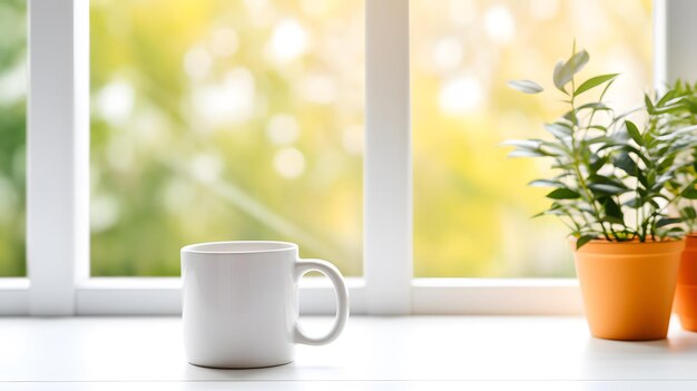 Photo minimalist home office desk with a white mug colorful pencils in a cup and a potted plant by a bright window