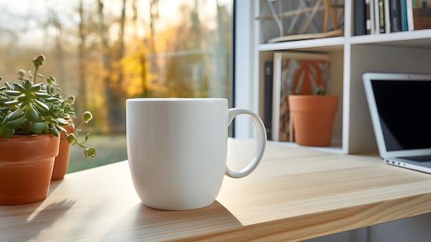 Minimalist home office desk with a white mug colorful pencils in a cup and a potted plant by a bright window