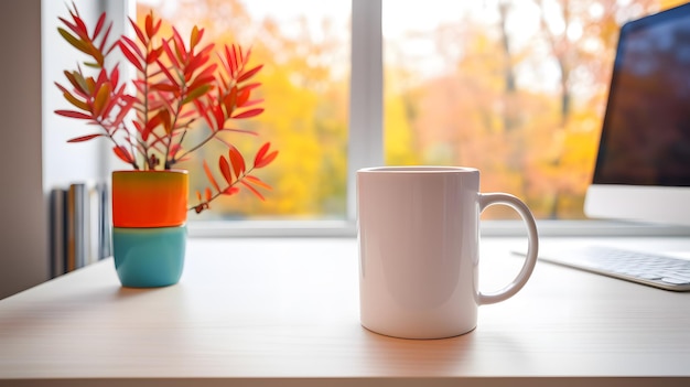 Photo minimalist home office desk with a white mug colorful pencils in a cup and a potted plant by a bright window