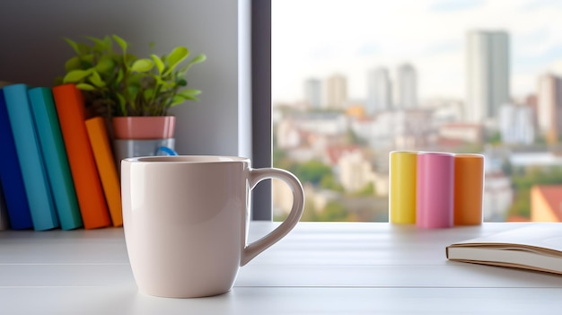 Photo minimalist home office desk with a white mug colorful pencils in a cup and a potted plant by a bright window