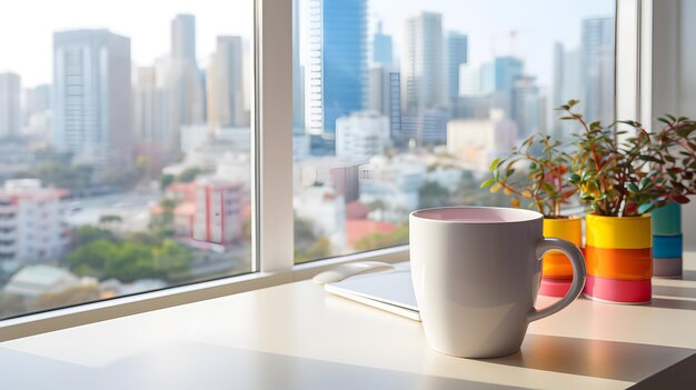 Photo minimalist home office desk with a white mug colorful pencils in a cup and a potted plant by a bright window