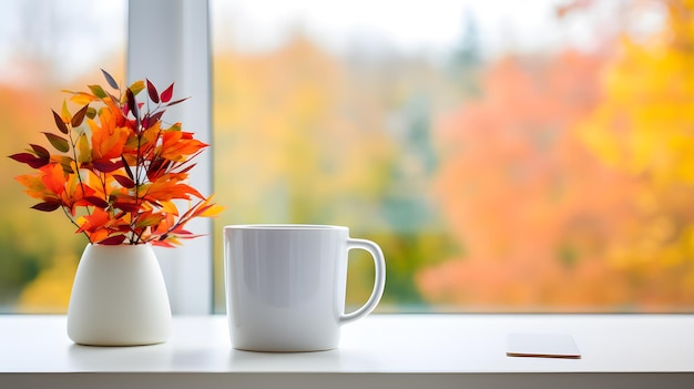 Photo minimalist home office desk with a white mug colorful pencils in a cup and a potted plant by a bright window