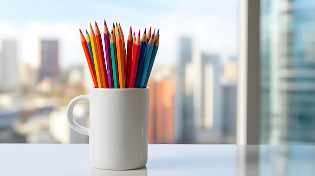 Photo minimalist home office desk with a white mug colorful pencils in a cup and a potted plant by a bright window