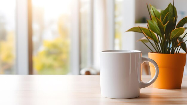 Minimalist home office desk with a white mug colorful pencils in a cup and a potted plant by a bright window