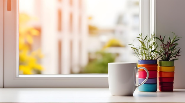 Photo minimalist home office desk with a white mug colorful pencils in a cup and a potted plant by a bright window