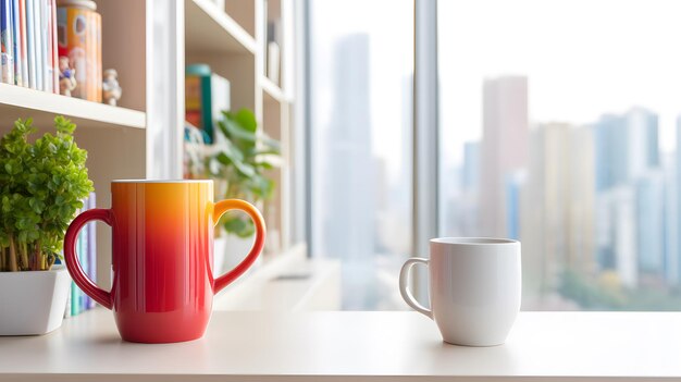 Photo minimalist home office desk with a white mug colorful pencils in a cup and a potted plant by a bright window