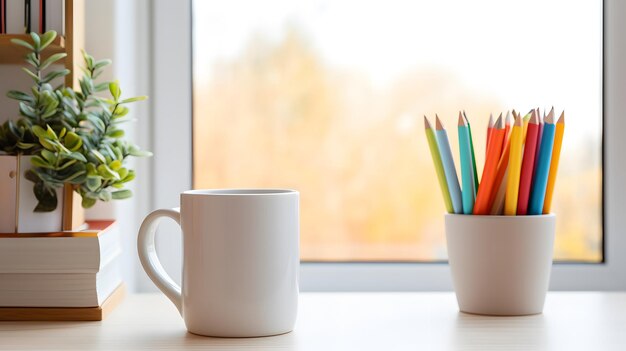 Photo minimalist home office desk with a white mug colorful pencils in a cup and a potted plant by a bright window