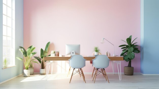 Photo minimalist home office interior design with pink and blue walls