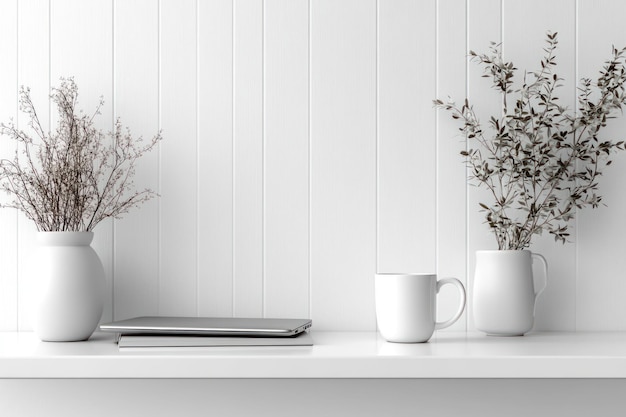 Photo minimalist home office setup with white vases and dried flowers