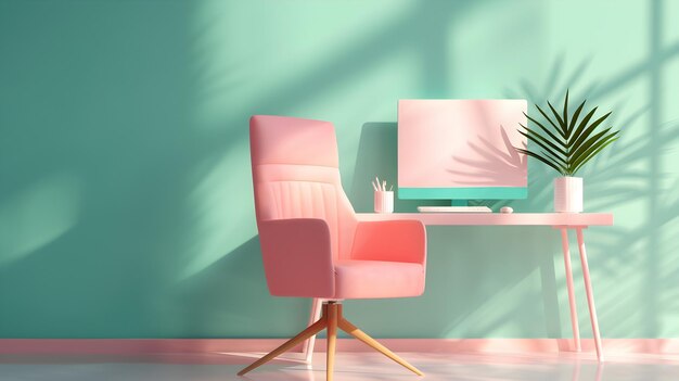 Photo minimalist home office with pink desk and chair