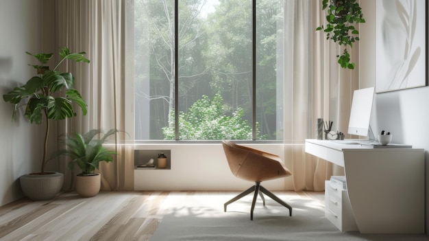 A minimalist home office with a sleek white desk a comfortable chair and a large window letting in natural light