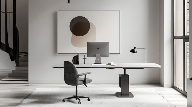 Photo minimalist home office with a standing desk office chair computer and a lamp