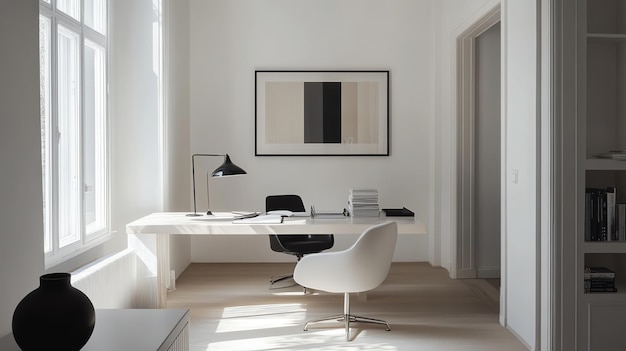 Minimalist home office with white walls a white desk and a black and white painting