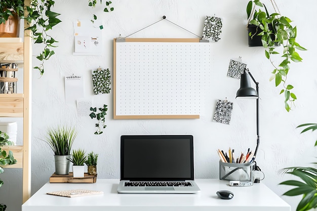 Photo minimalist home office workspace with laptop plants and pegboard wall decor